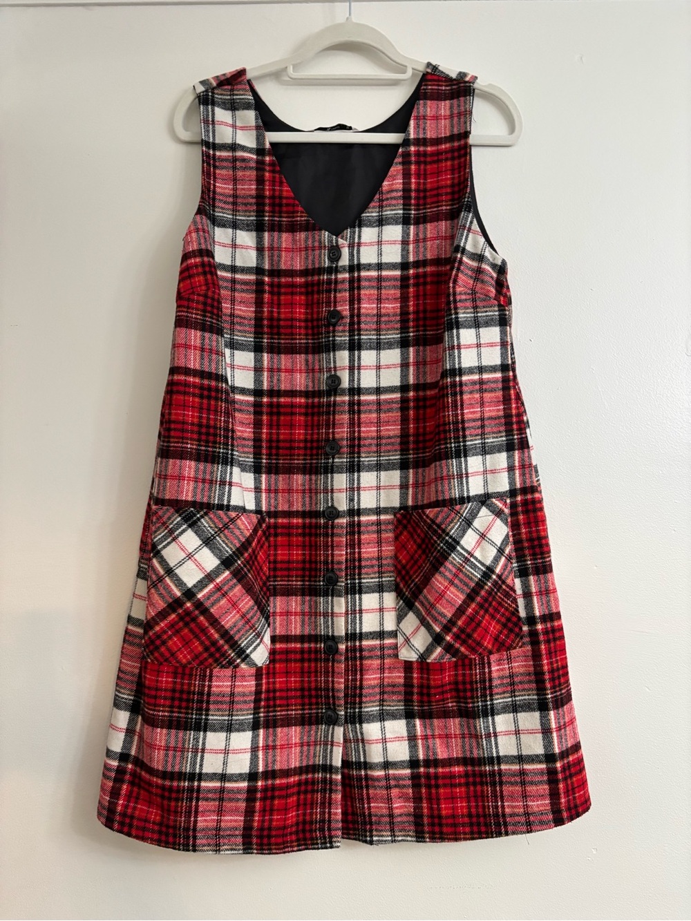 🍄 Women’s Red Plaid Button-Front Pinafore Dress